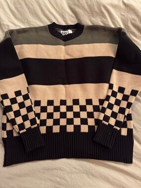 Beach Riot Black & Beige Striped Checkerboard Crewneck Sweater
